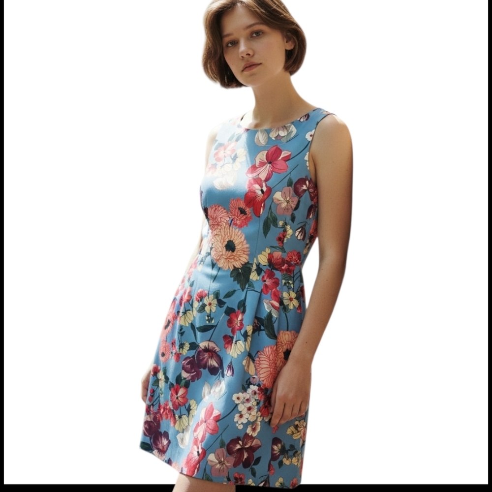 Vince Camuto Scuba Fit N Flare Floral Blue Sleeveless Dress Size 6